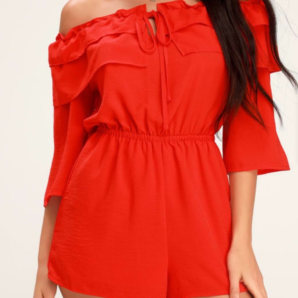 Showstopper red off the shoulder romper LG NWT